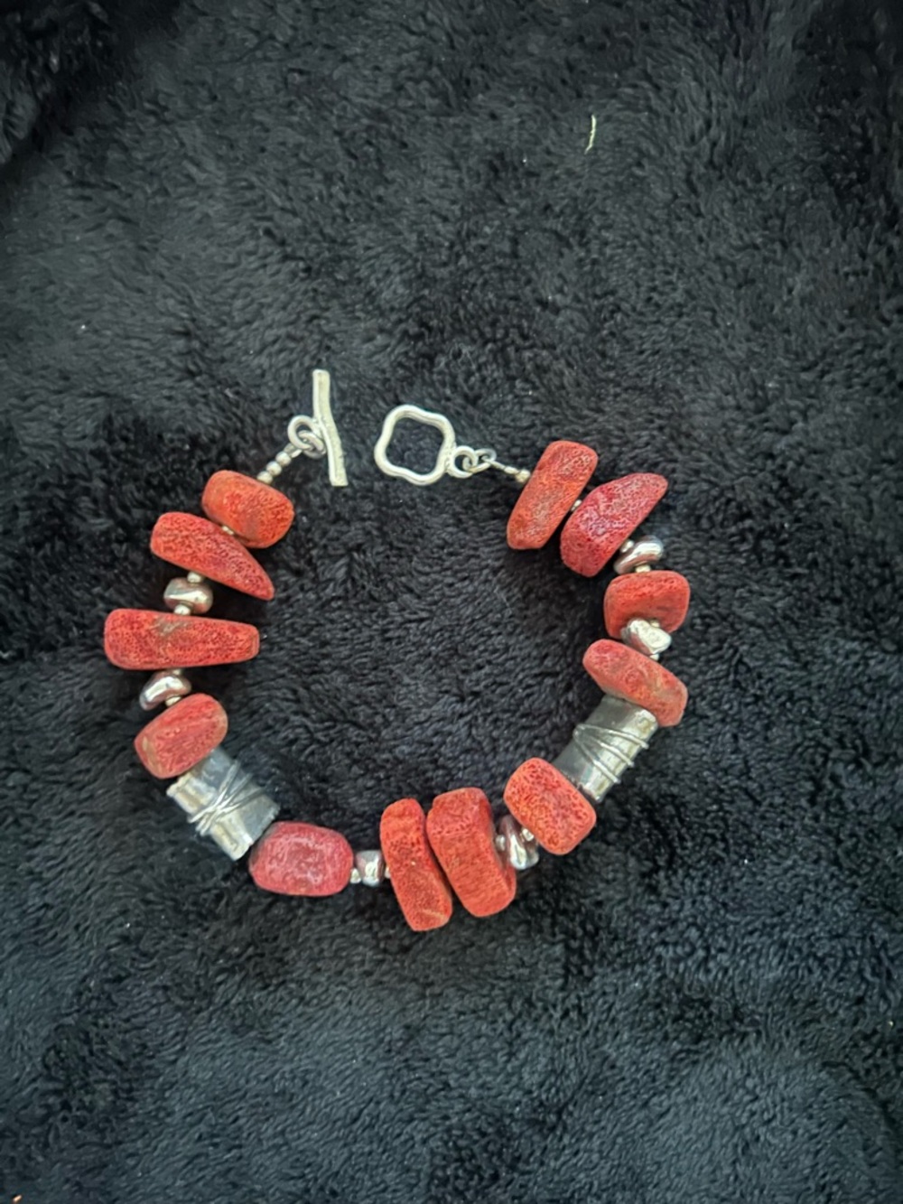Red Sponge Coral Bead Bracelet with Sterling Silver